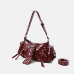 Women's Vegan Leather Leopard Studded Baguette Shoulder Hobo Bag