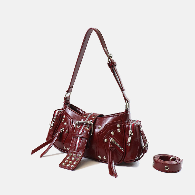 Women's Vegan Leather Leopard Studded Baguette Shoulder Hobo Bag