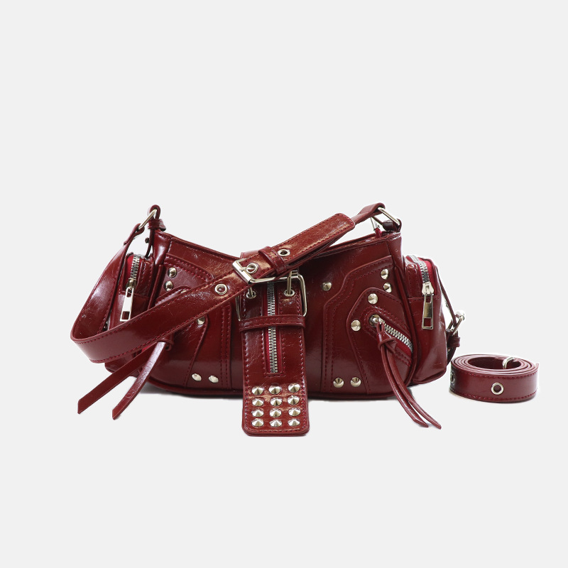 Women's Vegan Leather Leopard Studded Baguette Shoulder Hobo Bag