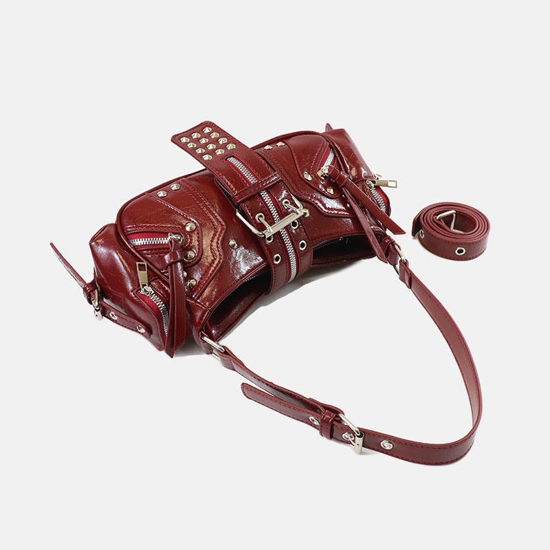 Women's Vegan Leather Leopard Studded Baguette Shoulder Hobo Bag