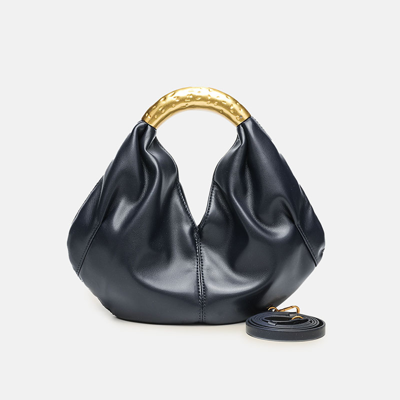 Women's Vegan Leather Ruched Gold Handle Shoulder Top Handle Bag