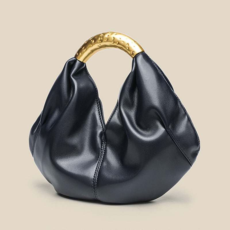 Women's Vegan Leather Ruched Gold Handle Shoulder Top Handle Bag