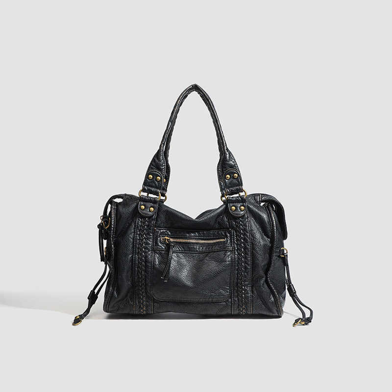 Women's Vegan Leather Textured Rivet Top Handle Shoulder Bag