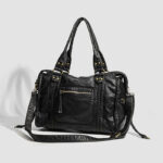 Women's Vegan Leather Textured Rivet Top Handle Shoulder Bag