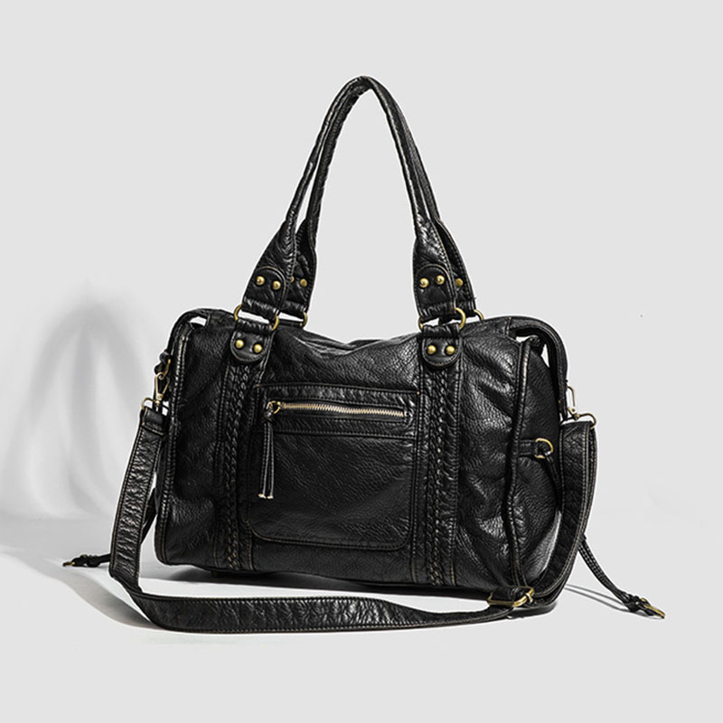 Women's Vegan Leather Textured Rivet Top Handle Shoulder Bag