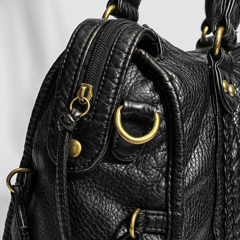 Women's Vegan Leather Textured Rivet Top Handle Shoulder Bag