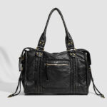 Women's Vegan Leather Textured Rivet Top Handle Shoulder Bag