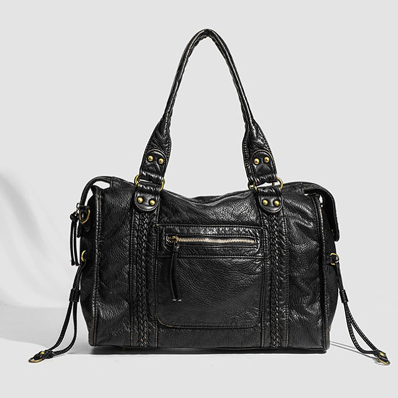 Women's Vegan Leather Textured Rivet Top Handle Shoulder Bag