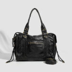 Women's Vegan Leather Textured Rivet Top Handle Shoulder Bag