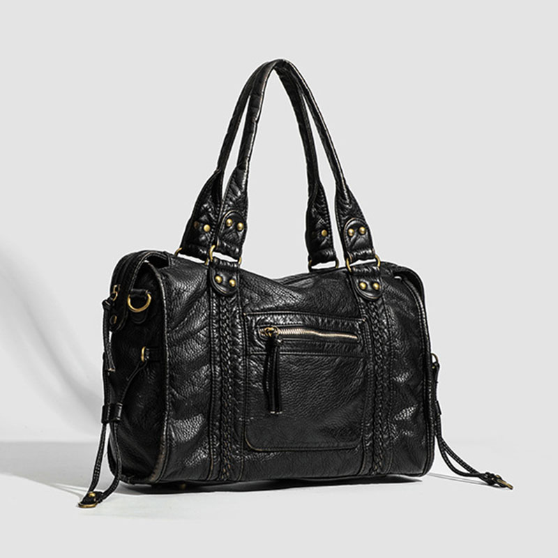 Women's Vegan Leather Textured Rivet Top Handle Shoulder Bag