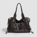 Women's Vegan Leather Textured Rivet Top Handle Shoulder Bag