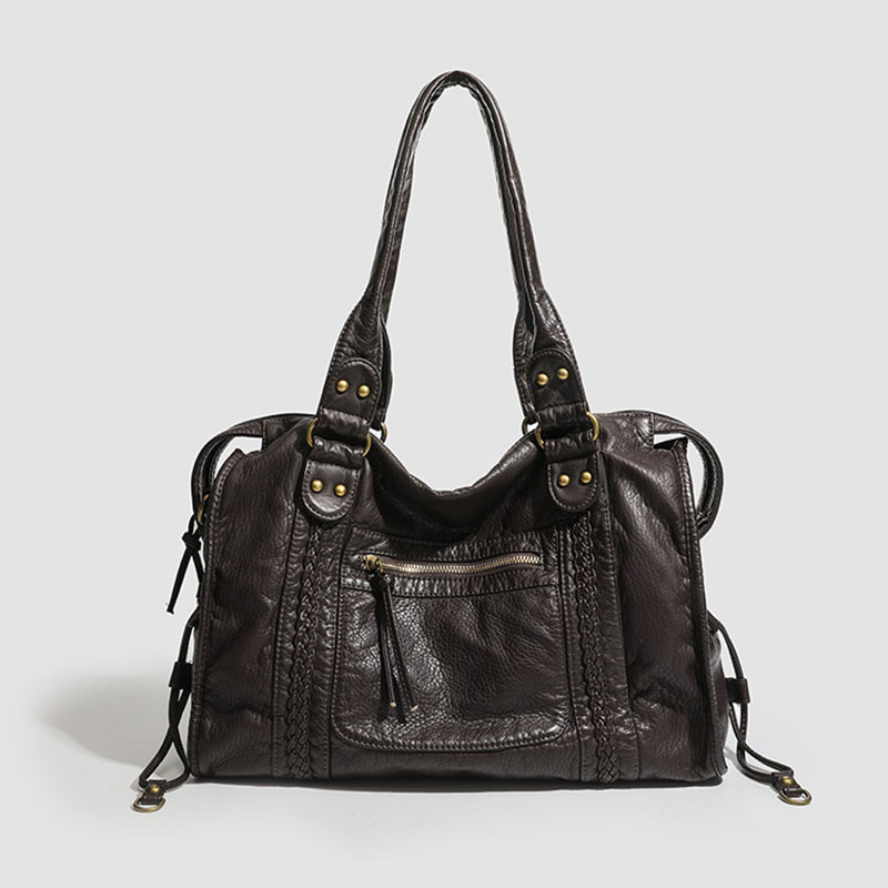 Women's Vegan Leather Textured Rivet Top Handle Shoulder Bag