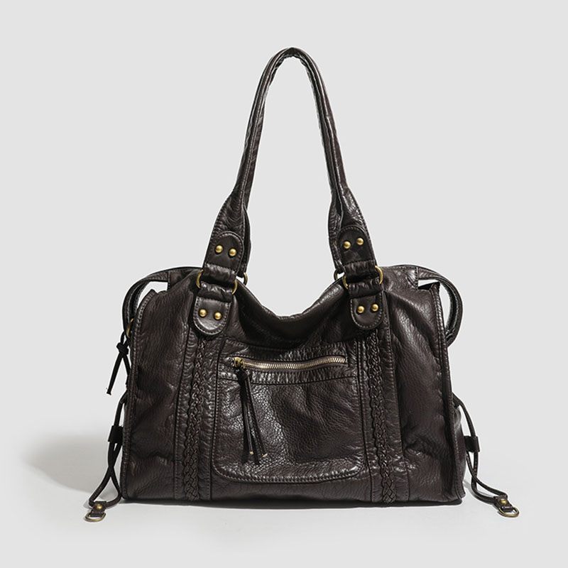 Women's Vegan Leather Textured Rivet Top Handle Shoulder Bag