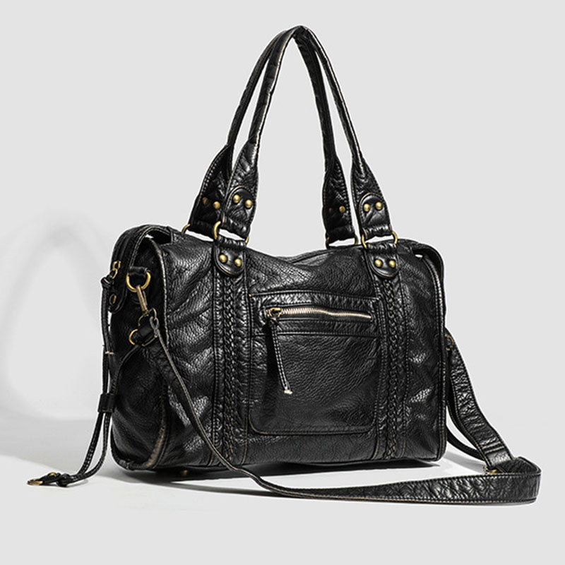 Women's Vegan Leather Textured Rivet Top Handle Shoulder Bag