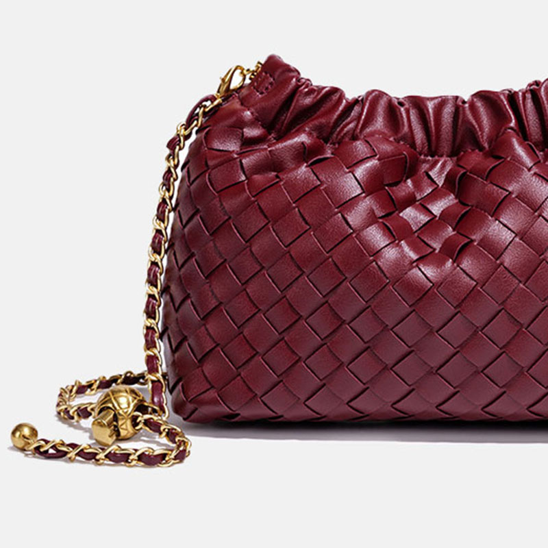 Women's Vegan Leather Woven Chain Crossbody Bucket Bag