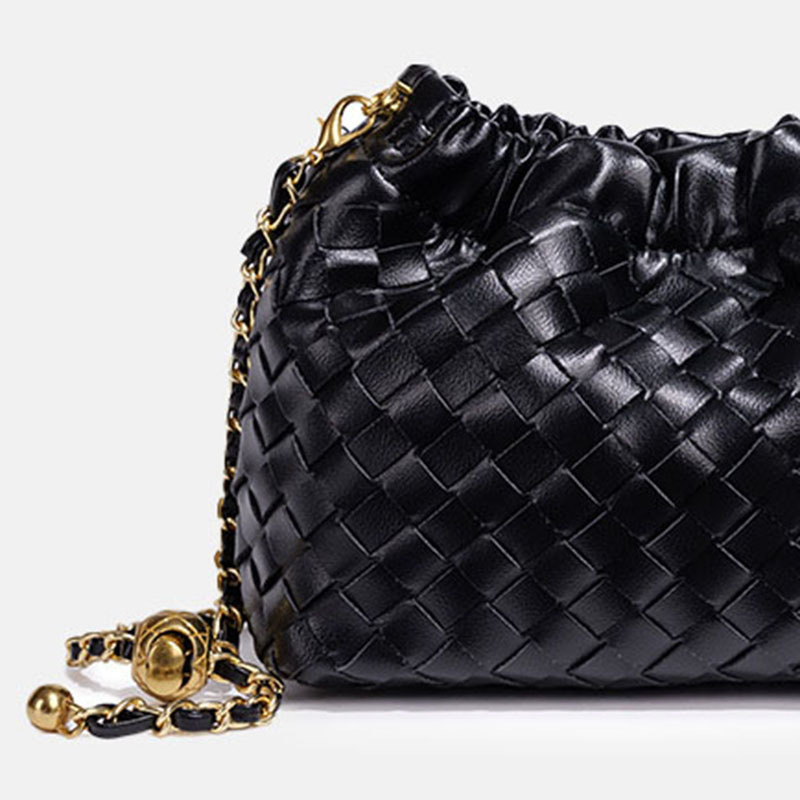 Women's Vegan Leather Woven Chain Crossbody Bucket Bag