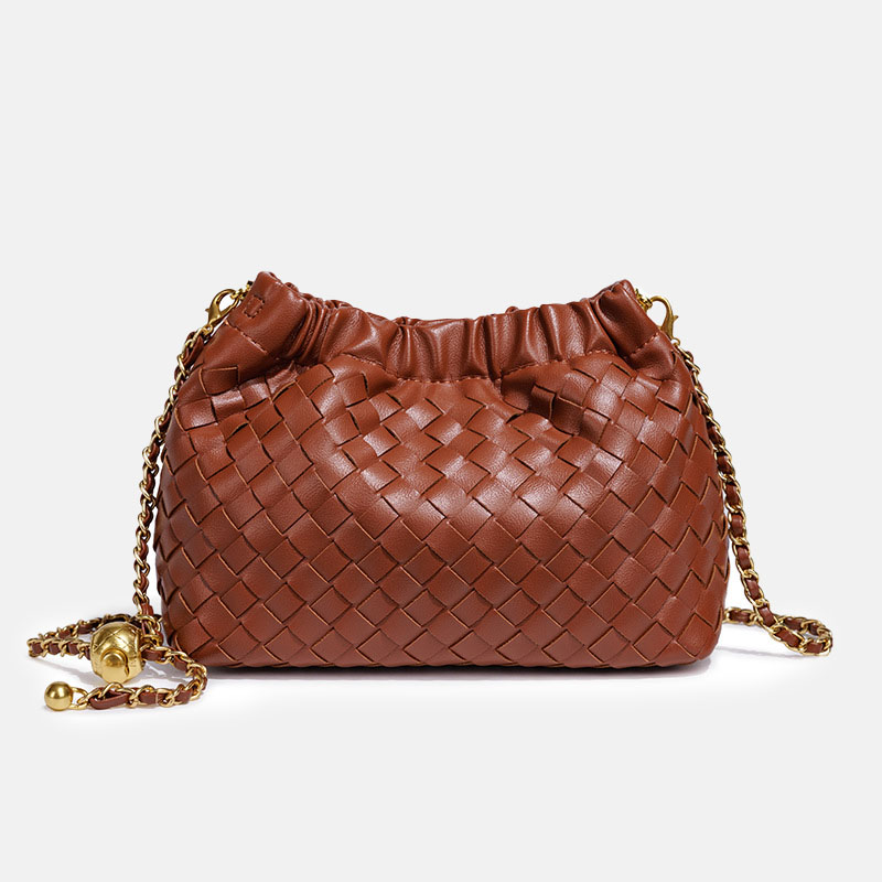 Women's Vegan Leather Woven Chain Crossbody Bucket Bag