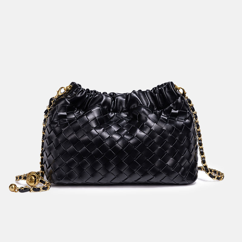 Women's Vegan Leather Woven Chain Crossbody Bucket Bag