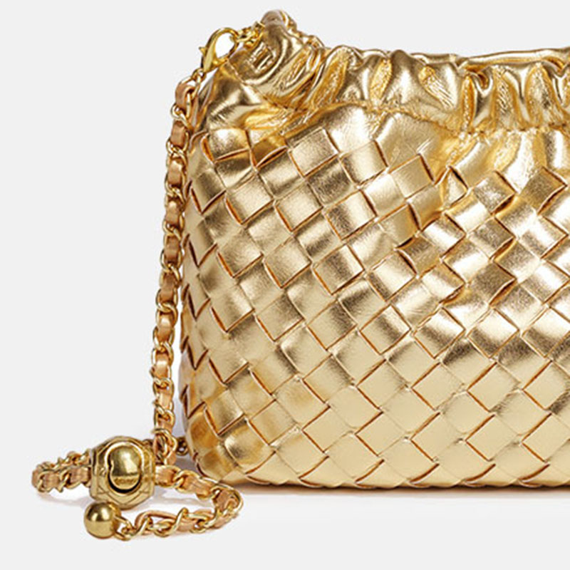 Women's Vegan Leather Woven Chain Crossbody Bucket Bag