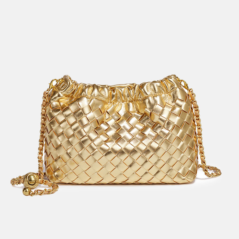 Women's Vegan Leather Woven Chain Crossbody Bucket Bag