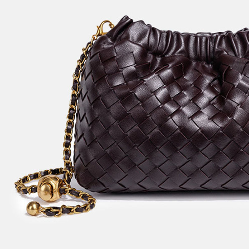Women's Vegan Leather Woven Chain Crossbody Bucket Bag
