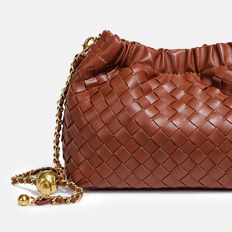 Women's Vegan Leather Woven Chain Crossbody Bucket Bag