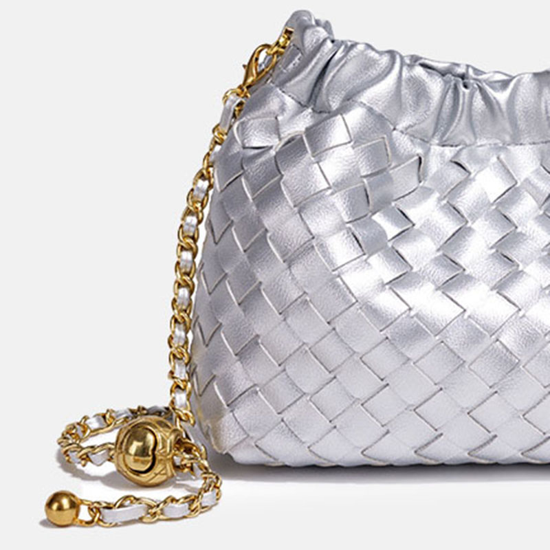 Women's Vegan Leather Woven Chain Crossbody Bucket Bag