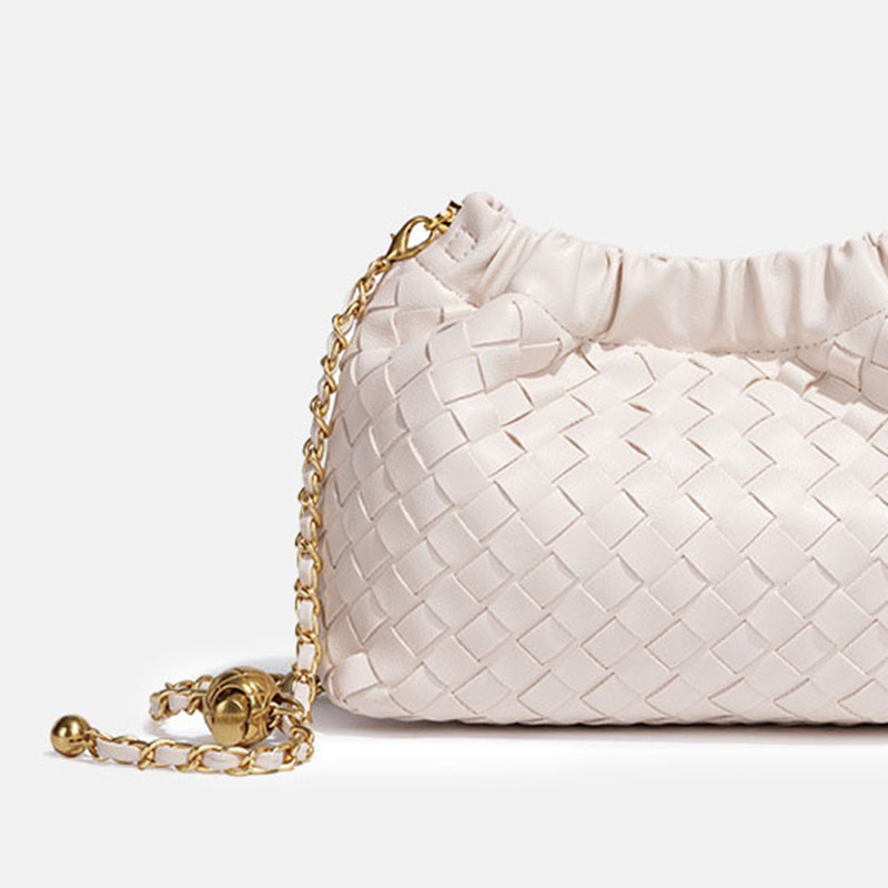 Women's Vegan Leather Woven Chain Crossbody Bucket Bag