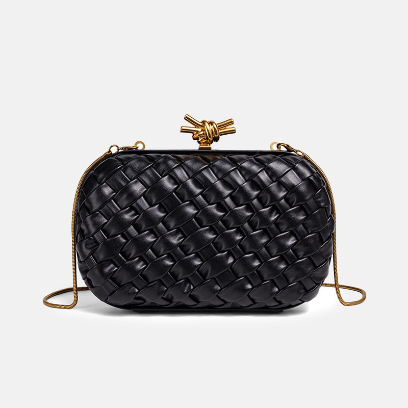 Women's Vegan Leather Woven Knot Clasp Chain Shoulder Crossbody Clutch Bag