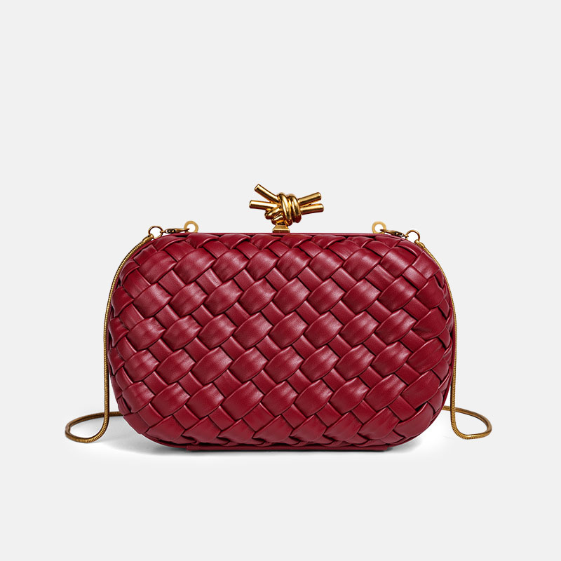 Women's Vegan Leather Woven Knot Clasp Chain Shoulder Crossbody Clutch Bag