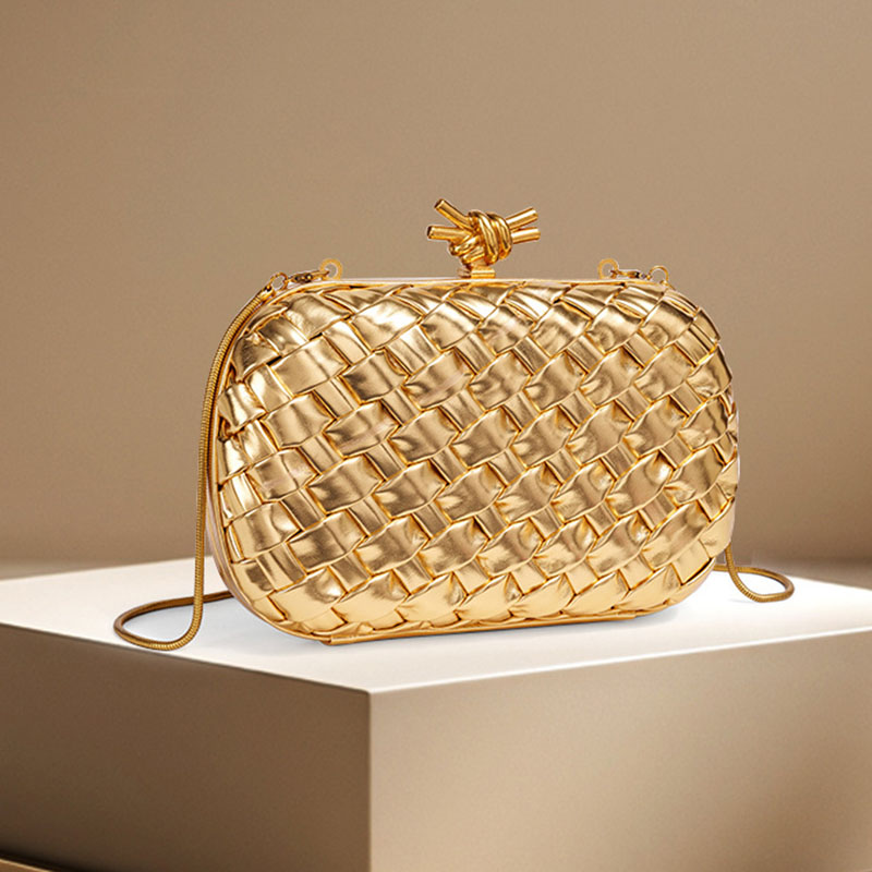 Women's Vegan Leather Woven Knot Clasp Chain Shoulder Crossbody Clutch Bag