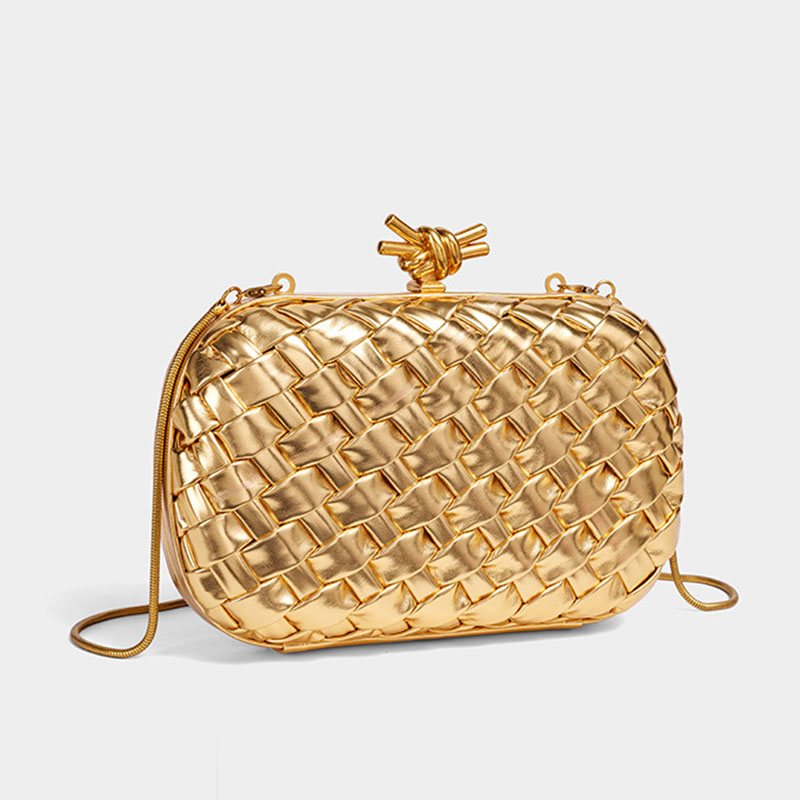 Women's Vegan Leather Woven Knot Clasp Chain Shoulder Crossbody Clutch Bag