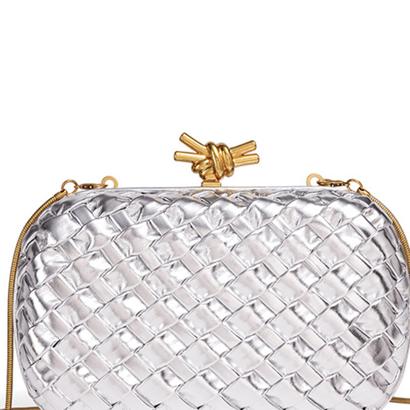 Women's Vegan Leather Woven Knot Clasp Chain Shoulder Crossbody Clutch Bag