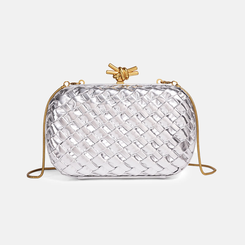 Women's Vegan Leather Woven Knot Clasp Chain Shoulder Crossbody Clutch Bag