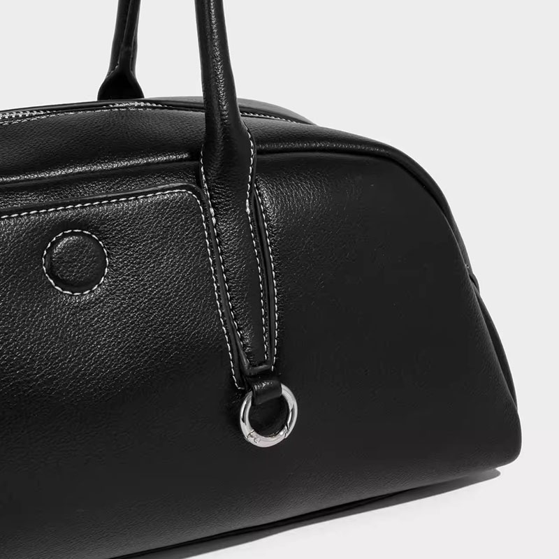Women's Split Leather Curved Top Handle Shoulder Baguette Bag