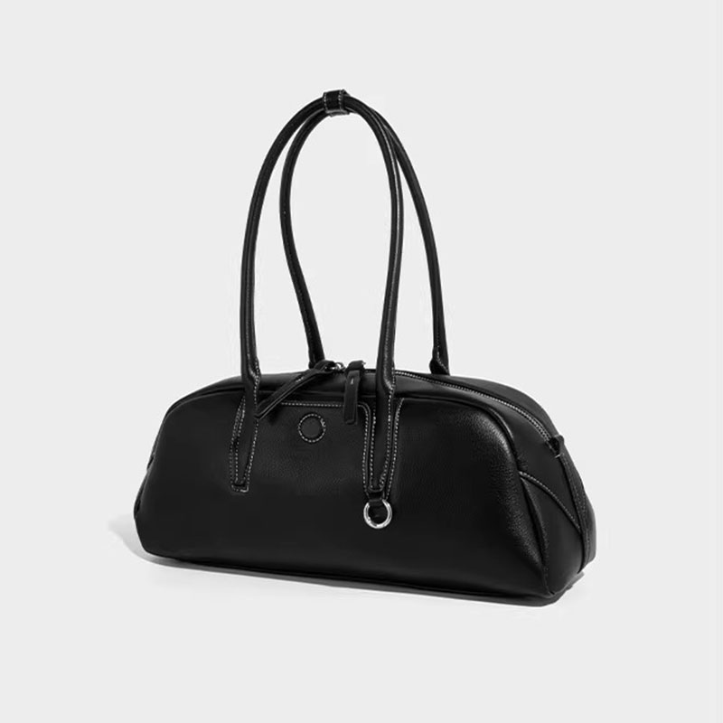 Women's Split Leather Curved Top Handle Shoulder Baguette Bag