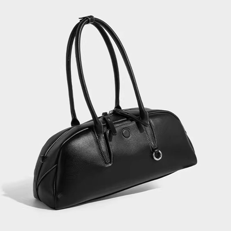 Women's Split Leather Curved Top Handle Shoulder Baguette Bag