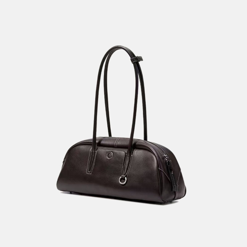 Women's Split Leather Curved Top Handle Shoulder Baguette Bag
