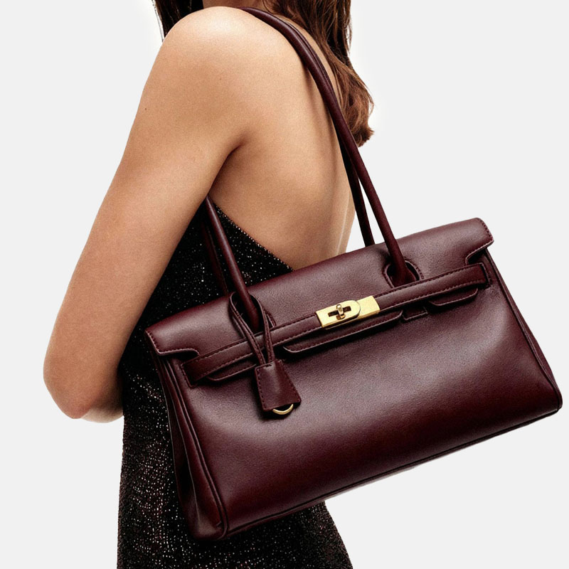 Women's Split Leather Structured Top Handle Shoulder Bag