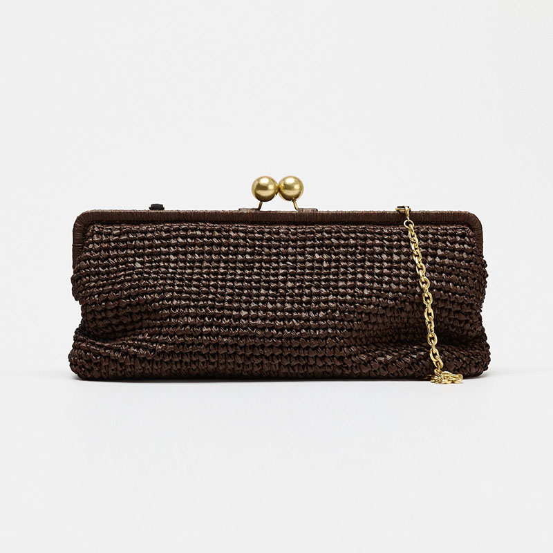 Women's Woven Clutch Chain Strap Kiss Lock Bag