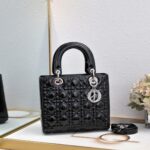 Women's Black Quilted Patent Cowhide Leather Medium Tote Bag Silver Hardware