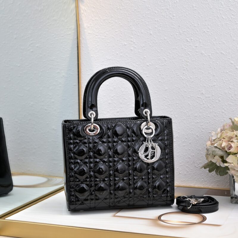 Women's Black Quilted Patent Cowhide Leather Medium Tote Bag Silver Hardware
