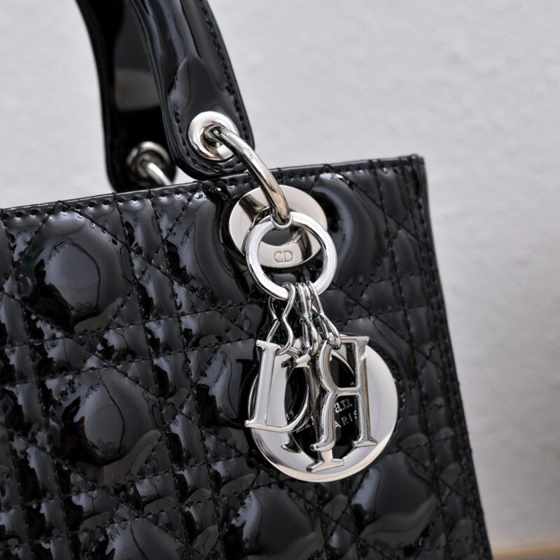 Women's Black Quilted Patent Cowhide Leather Medium Tote Bag Silver Hardware
