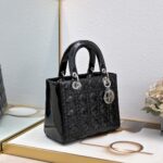 Women's Black Quilted Patent Cowhide Leather Medium Tote Bag Silver Hardware