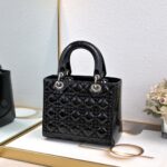 Women's Black Quilted Patent Cowhide Leather Medium Tote Bag Silver Hardware