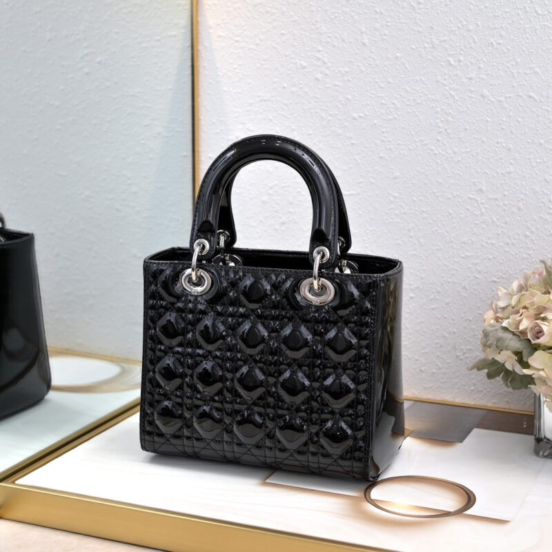 Women's Black Quilted Patent Cowhide Leather Medium Tote Bag Silver Hardware