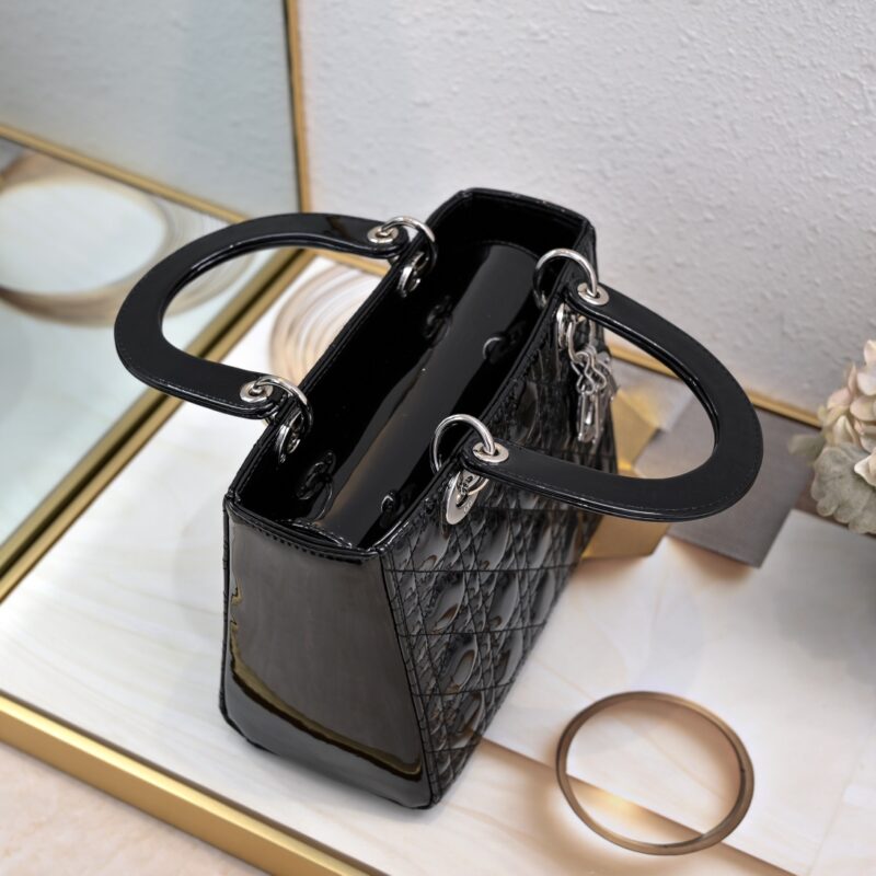 Women's Black Quilted Patent Cowhide Leather Medium Tote Bag Silver Hardware