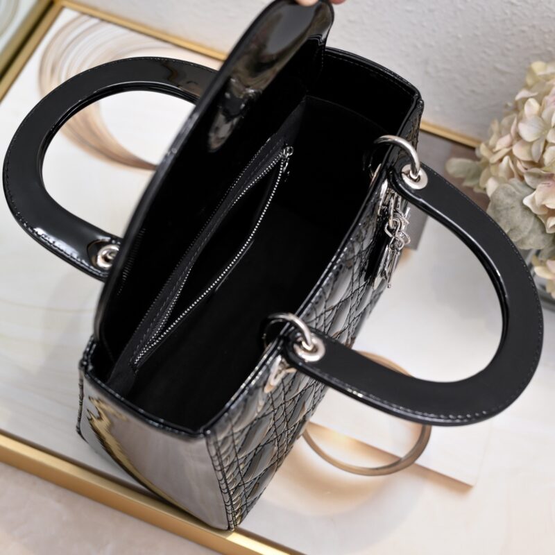 Women's Black Quilted Patent Cowhide Leather Medium Tote Bag Silver Hardware