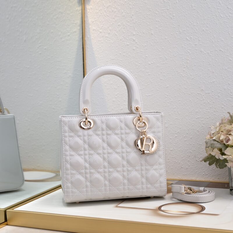 Women's White Quilted Patent Cowhide Leather Medium Tote Bag Gold Hardware