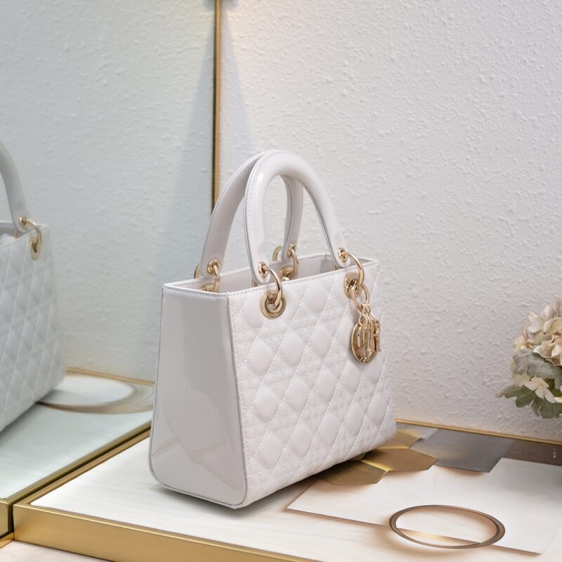 Women's White Quilted Patent Cowhide Leather Medium Tote Bag Gold Hardware